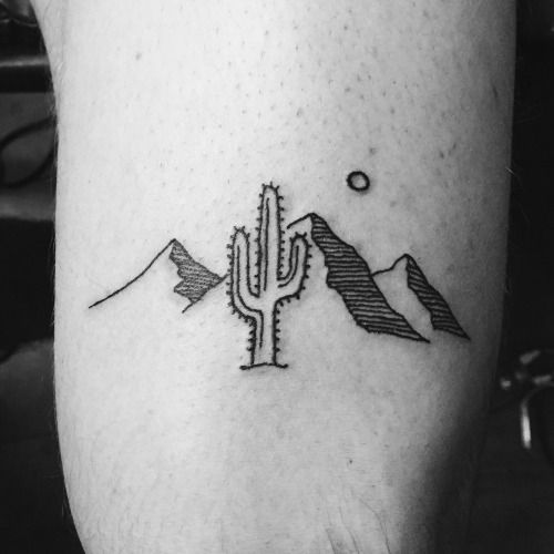 Simple Saguaro Cactus With Mountains  Outline Tattoo
