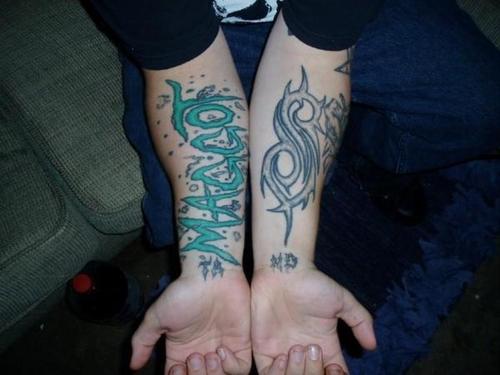 Slipknot Logo With Maggot Word Tattoo On Both Forearms
