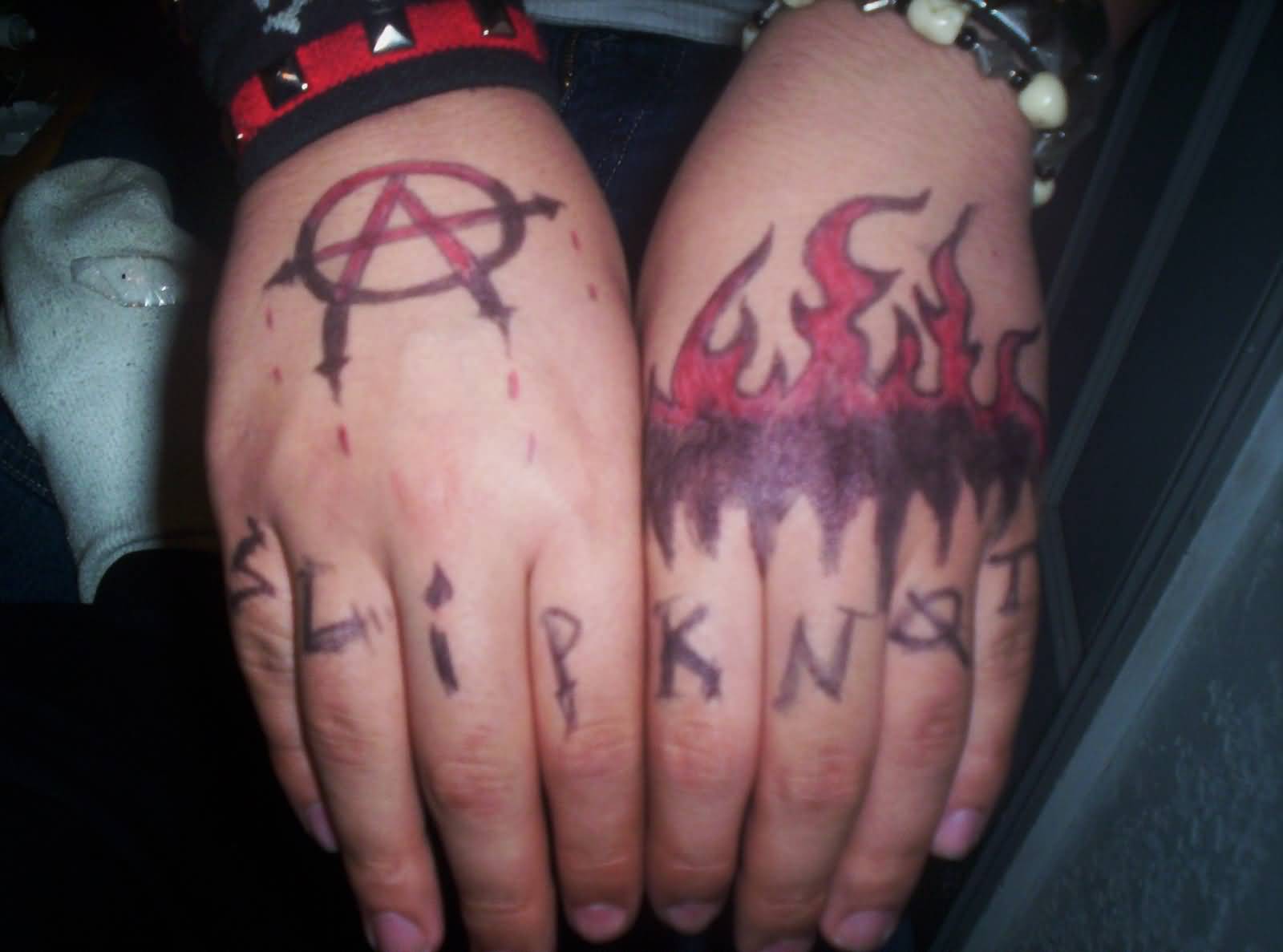 Slipknot Word With Flames And Logo Tattoo On Both Hands By CuttingMouses