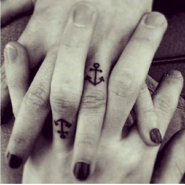 Small Anchor Matching Tattoos On Fingers