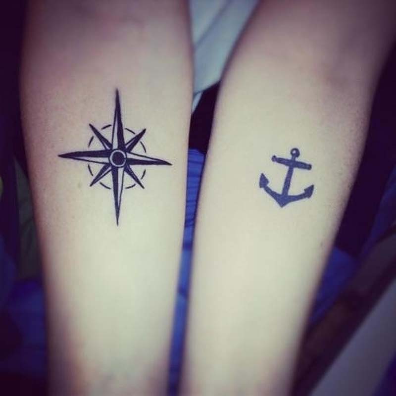 Small Anchor With Stars Matching Tattoos On Both Forearms