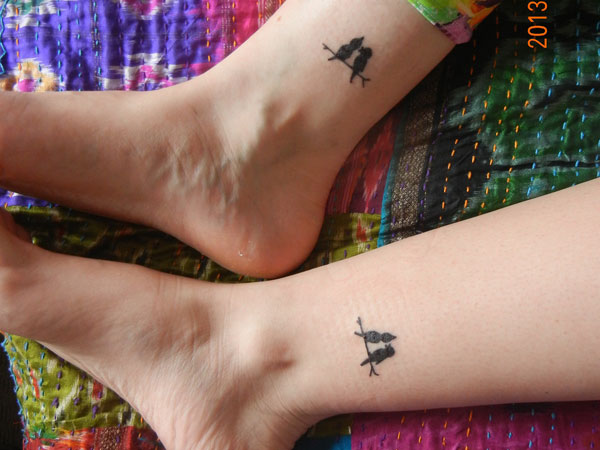 Small Birds On Branch Silhouette Matching Tattoos On Legs