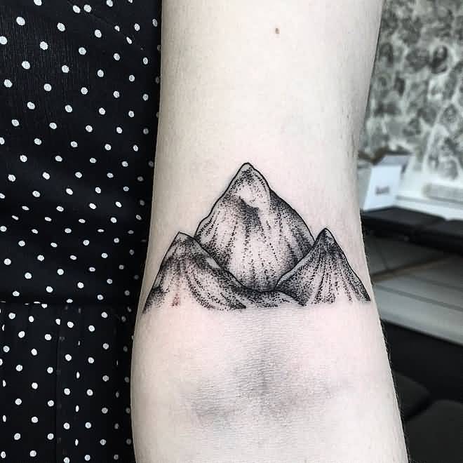 Small Black And Grey Mountains Tattoo On Half Sleeve