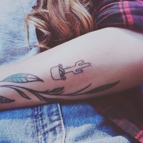 Small Cactus Outlline Tattoo On Arm Sleeve
