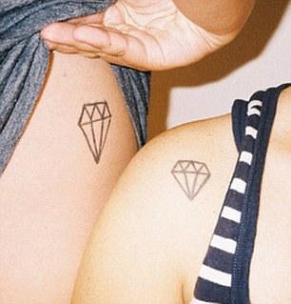 Small Diamond Matching Tattoo On Side Rib And Shoulder