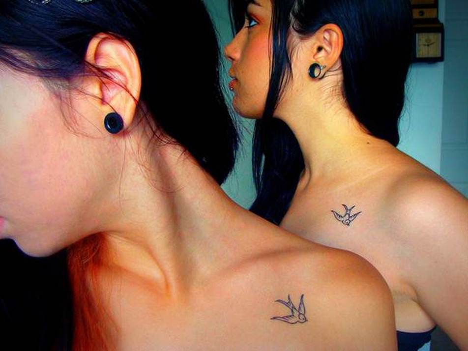 Small Flying Bird Matching Tattoos On Collar Bones