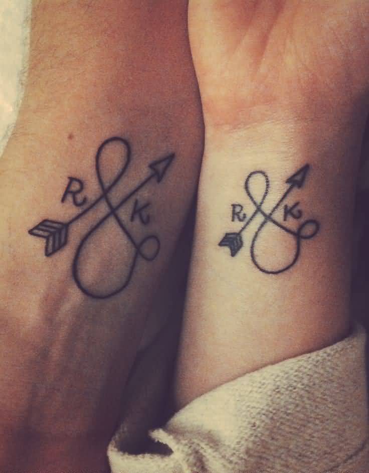 Small Infinity Arrow With Words Couple Matching Tattoos On Wrists
