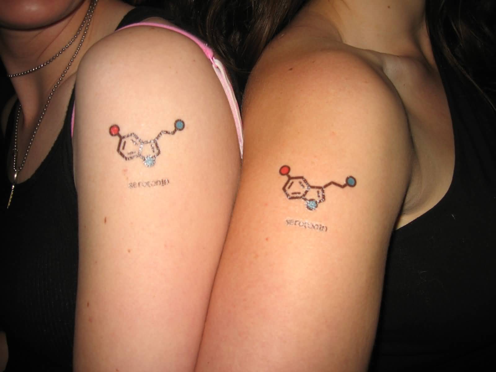 Small Molecule Matching Tattoos On Shoulder