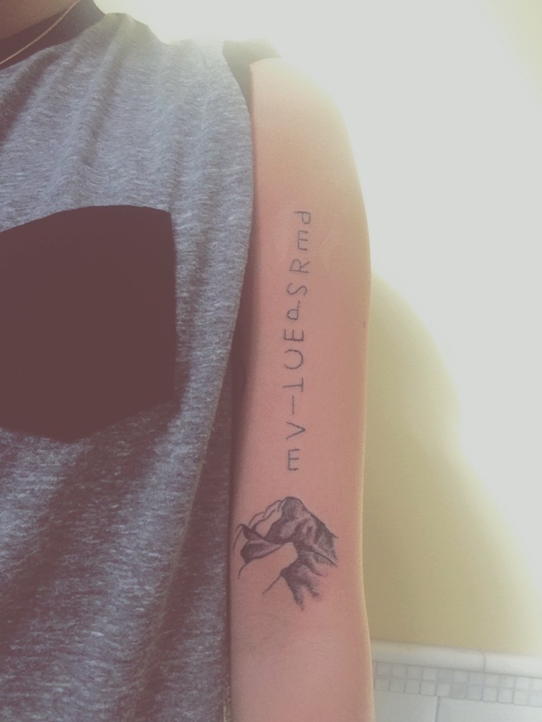 Small Mountains With Lettering Tattoo On Arm Sleeve
