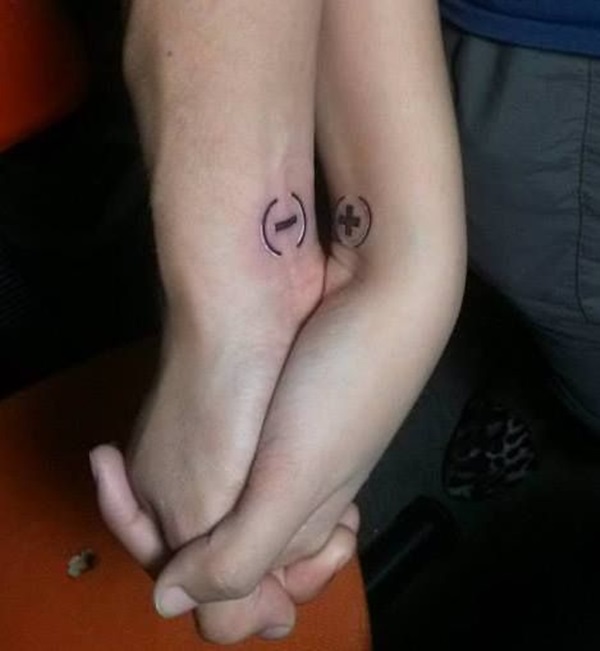 Small Multiply And Minus Signs Couple Matching Tattoos On Wrists