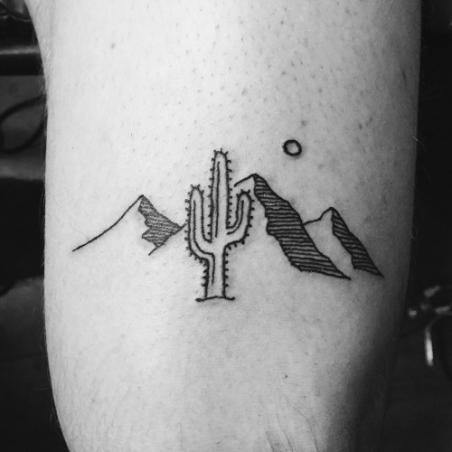 Small Saguaro Cactus With Mountains Tattoo