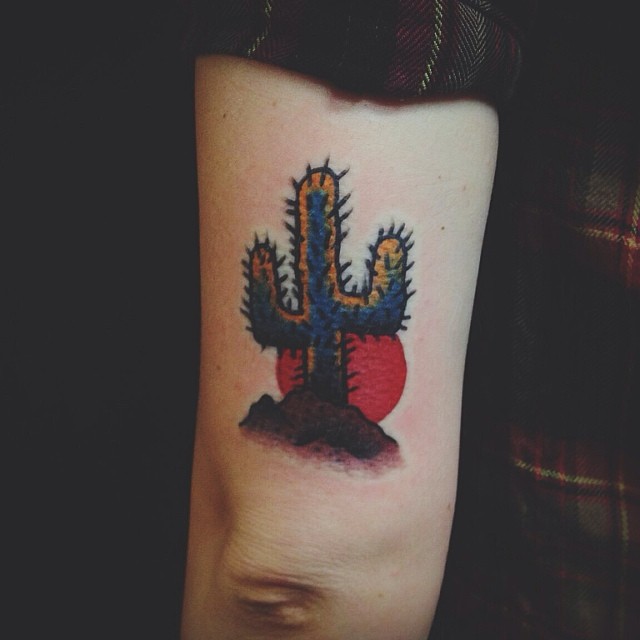 Small Saguaro Cactus With Red Sun Traditional Tattoo On Sleeve