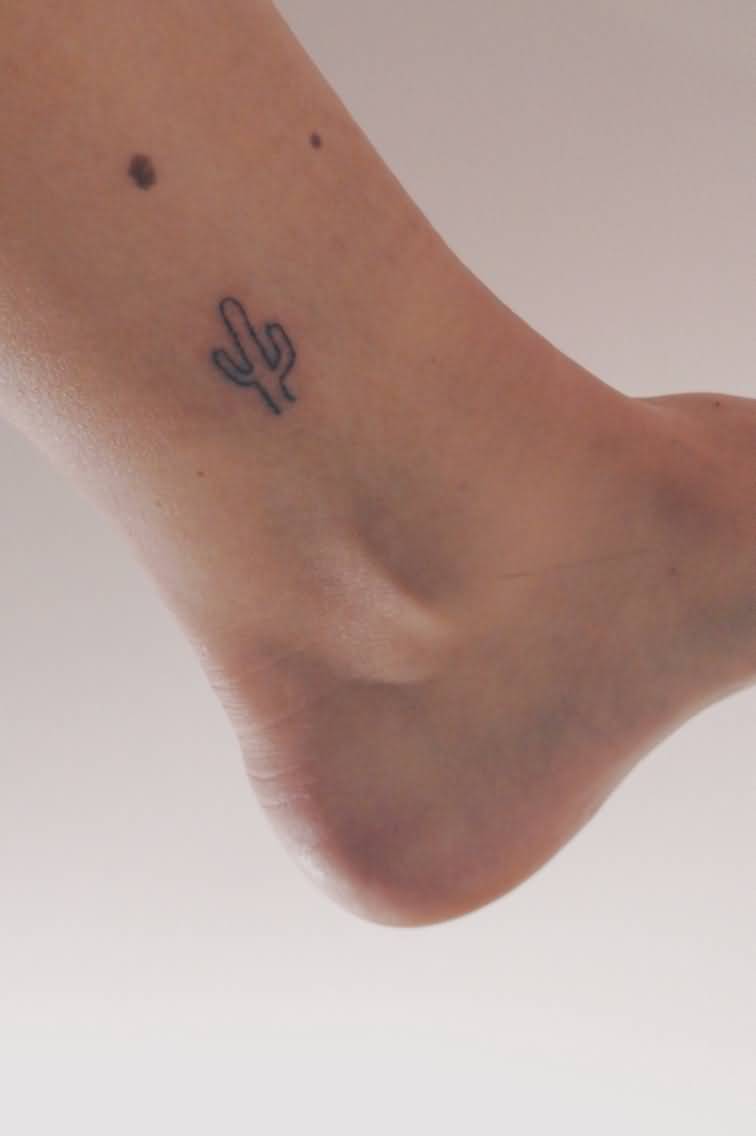 Small Simple Cactus Outline Tattoo On Ankle