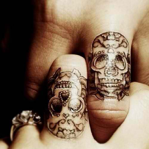 Small Sugar Skull Couple Matching Tattoos On Fingers