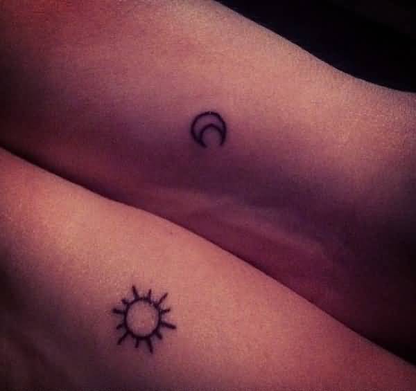 Smallest Half Moon And Sun Outline Matching Tattoos