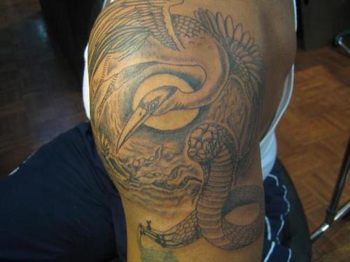 Snake And Crane Tattoo On Shoulder