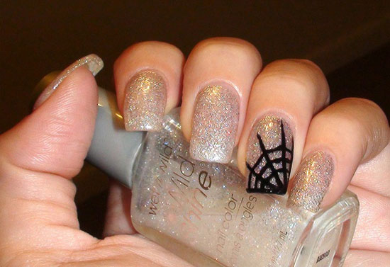 Sparkle Nails With Accent Spiderweb Halloween Nail Art