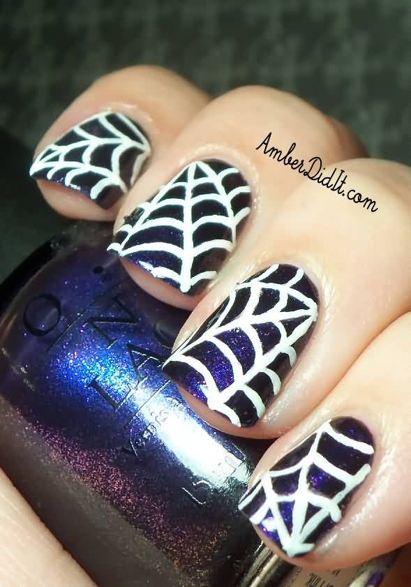 Sparkle Purple Nails With White Acrylic Spider Web Halloween Nail Art Design
