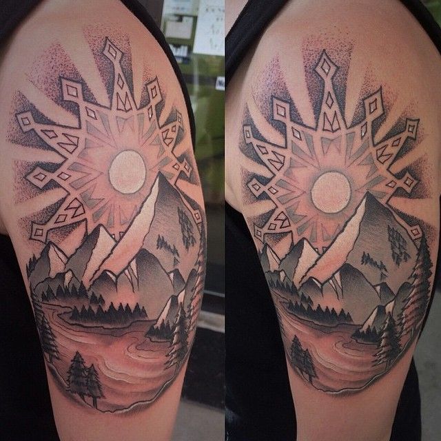 Spectacular Black And Grey Mountains View And Sun Rays Tattoo On Half Sleeve