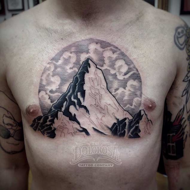 Spectacular Mountains Tattoo On Chest For Men
