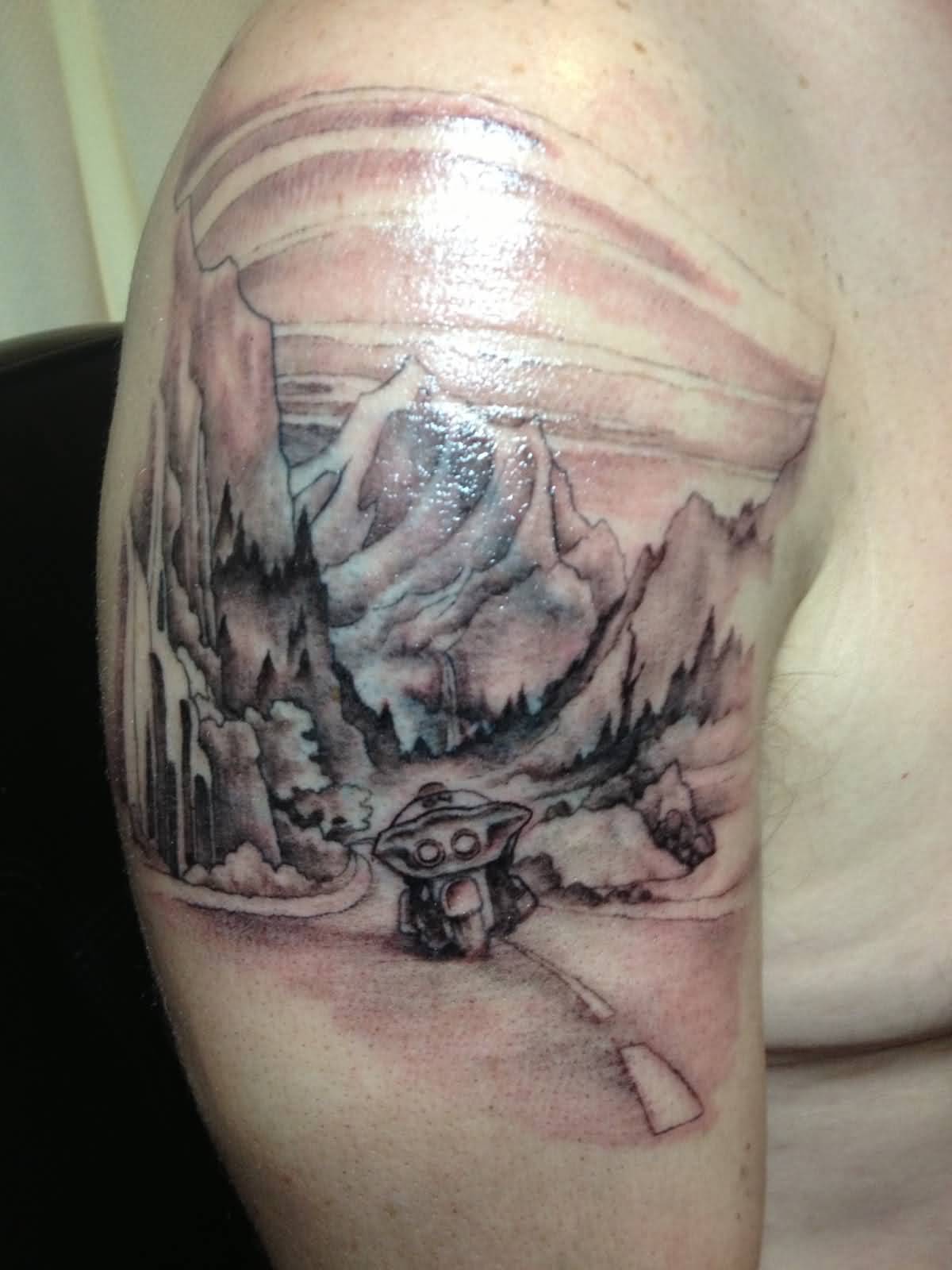Spectacular Mountains With Road Tattoo On Half Sleeve