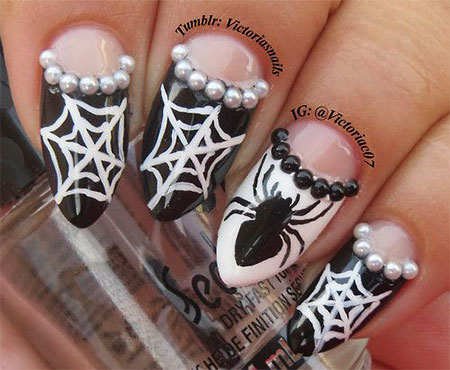 Spider And Web Halloween Nail Art With Pearls Design