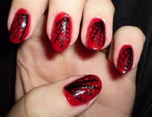 Spider Web On Red Nails Halloween Nail Design