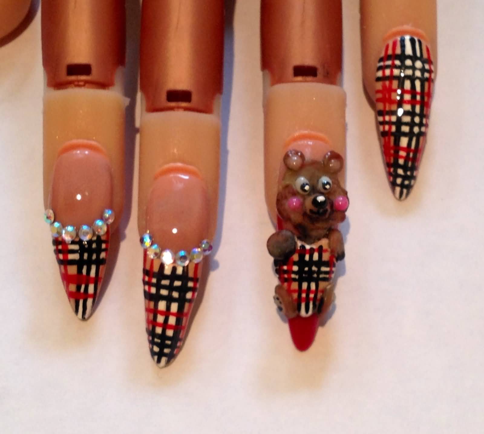 Stiletto Nails With Burberry Nail Art And 3d Teddy Bear Design