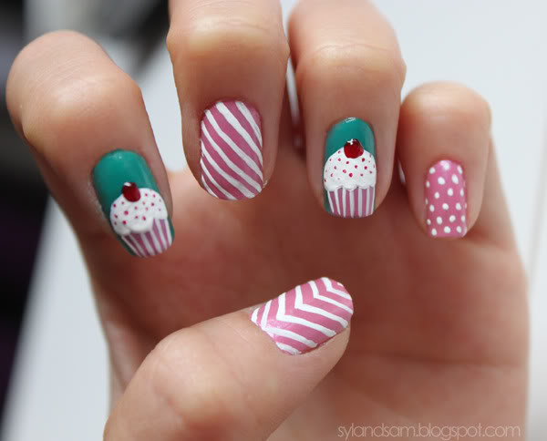 Stripes And Polka Dots With Cupcake Nail Art