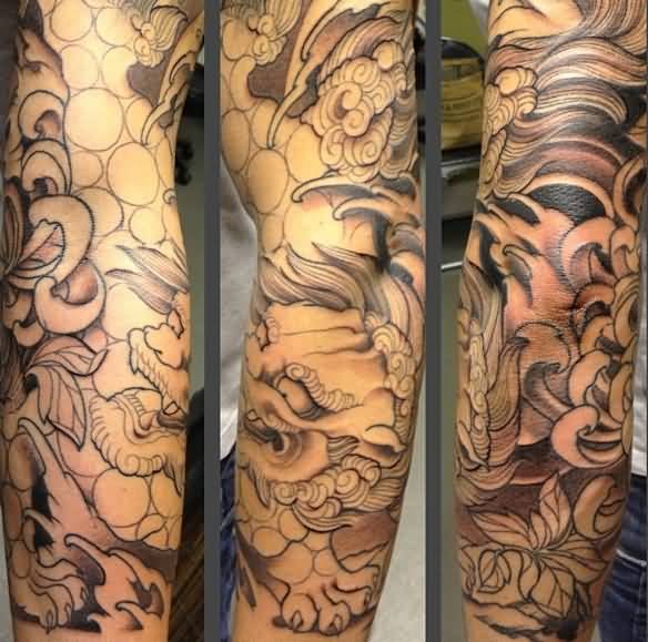 Stunning Grey Color Foo Dog With Leaves Tattoo