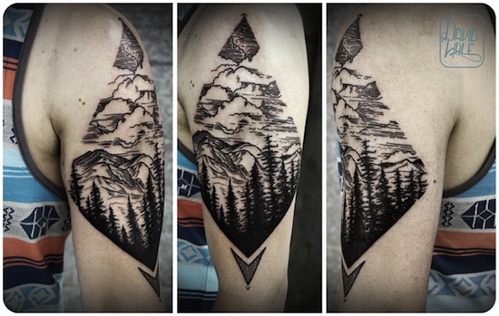 Stylized Black And White Mountains View Tattoo On Left Half Sleeve