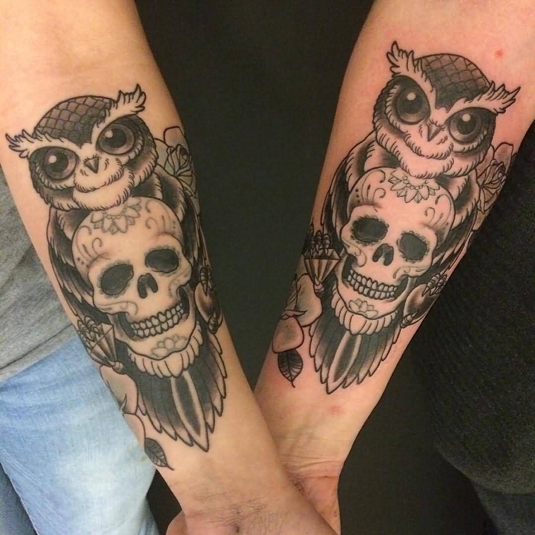 Sugar Skull On Owl Matching Tattoos On Forearms.