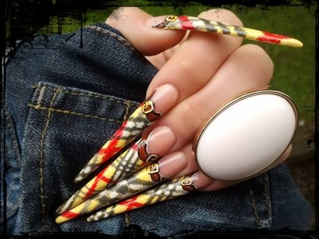 Super Long Nails With Burberry Print Nail Art