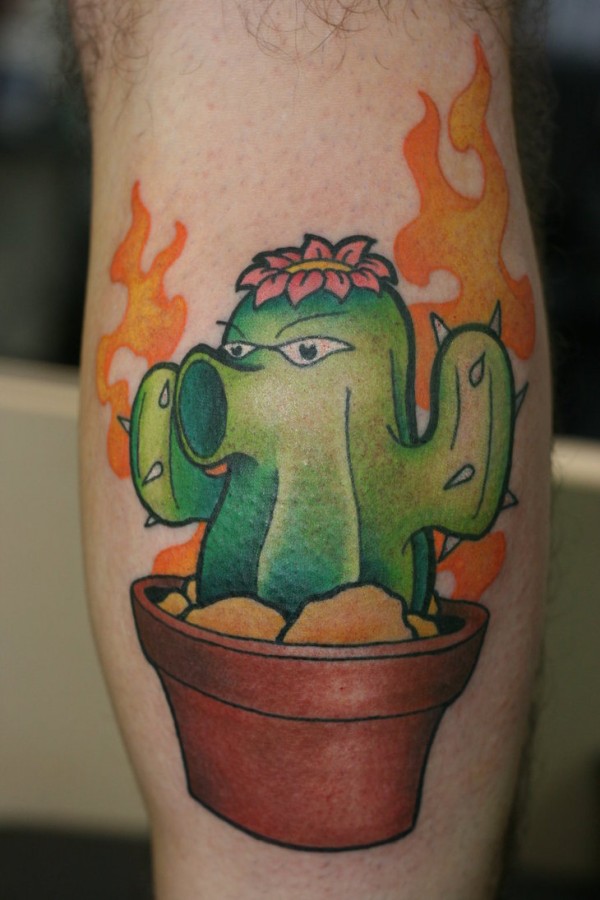 Superb Alive Cactus In Pot Traditional Tattoo On Leg