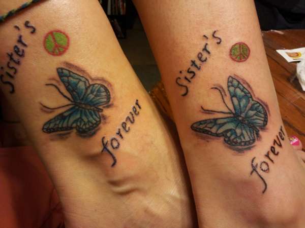 Superb Butterfly With Sister Forever Words Matching Tattoos On Leg