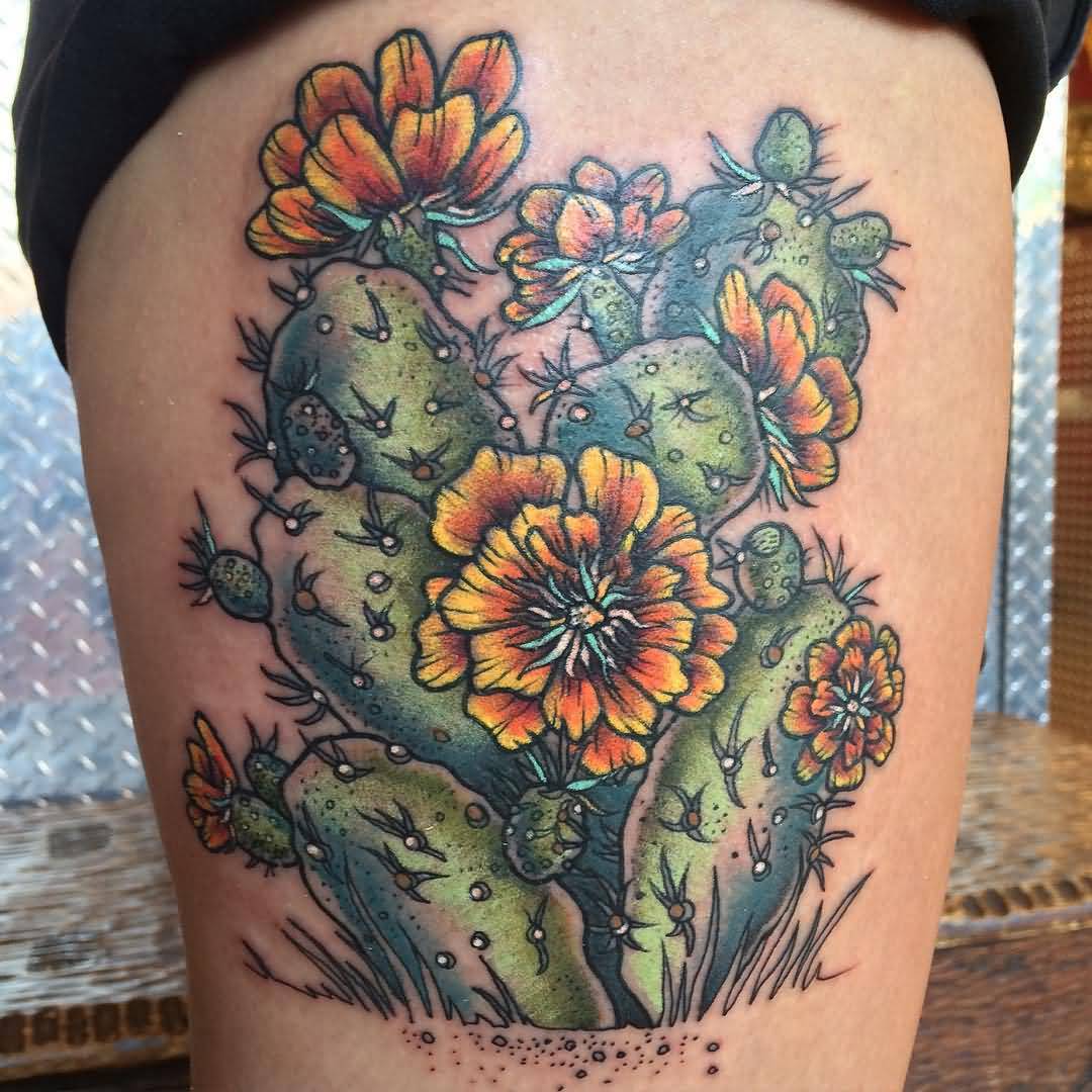 Superb Cactus Flowers Traditional Tattoo On Side Rib By Speck