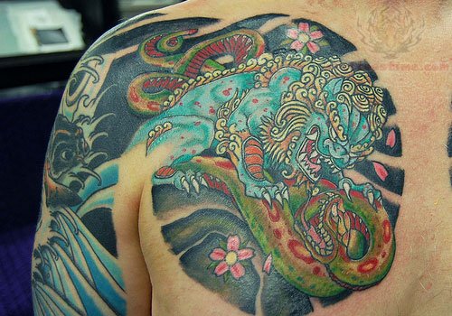 Superb Chinese Foo Dog With Flowers Tattoo On Right Shoulder And Chest