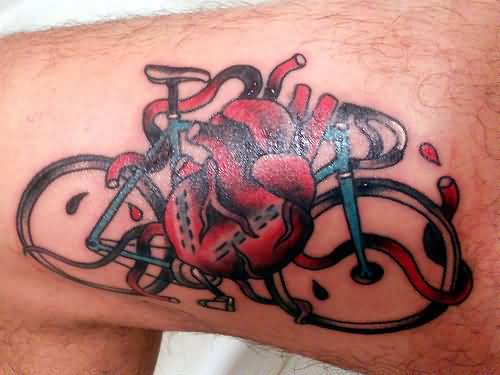 Superb Cycle With Red Heart Tattoo On Thigh By Surge