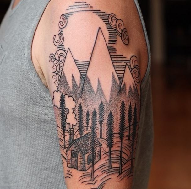 Superb Dotwork Mountains With House And Trees Tattoo On Left Shoulder