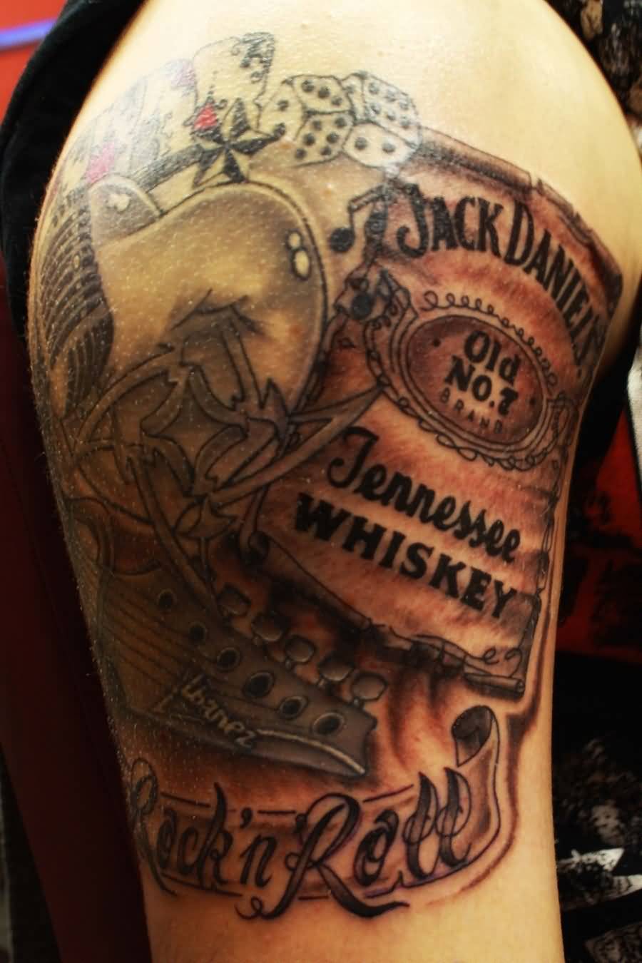 Superb Jack Daniel Label With Hat And Dices Tattoo On Right Half Sleeve By Alcapone666