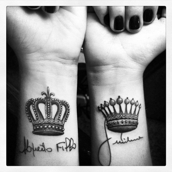 Superb King And Queen Crowns With Lettering Matching Tattoos On Wrists