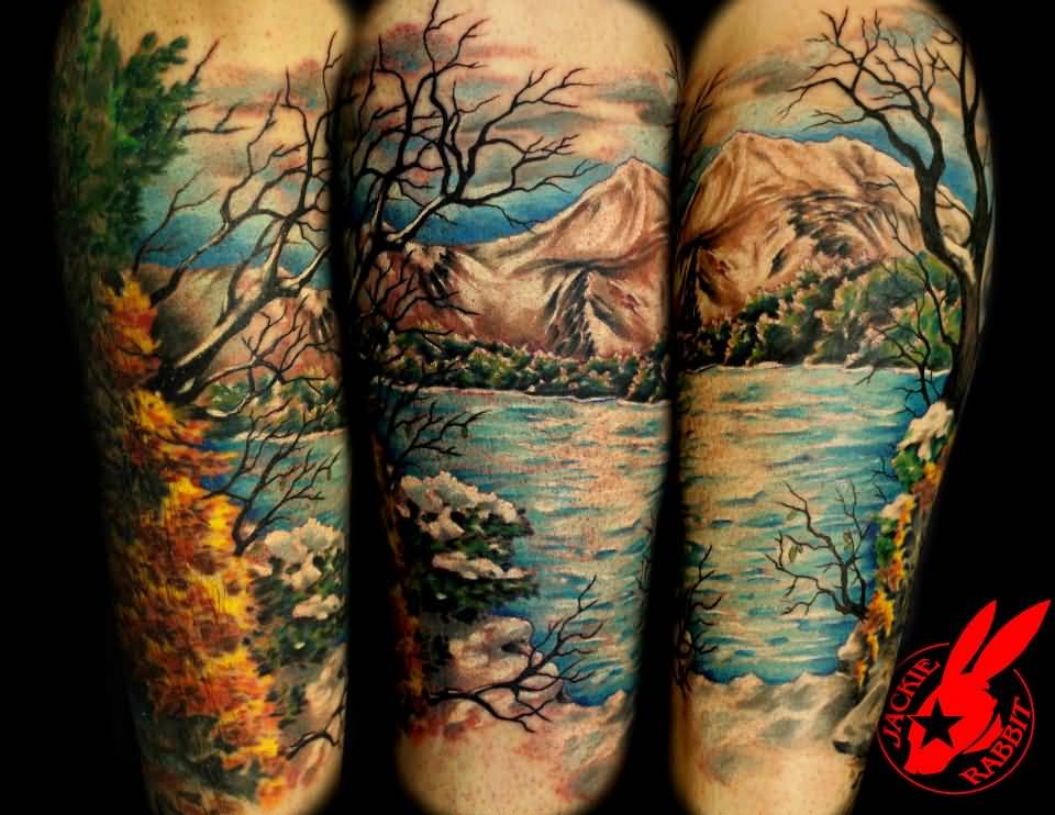 Superb Realistic Mountains Scene Tattoo