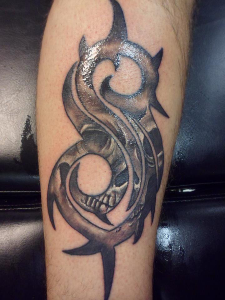 Superb Skull On Slipknot Logo Tattoo On Forearm