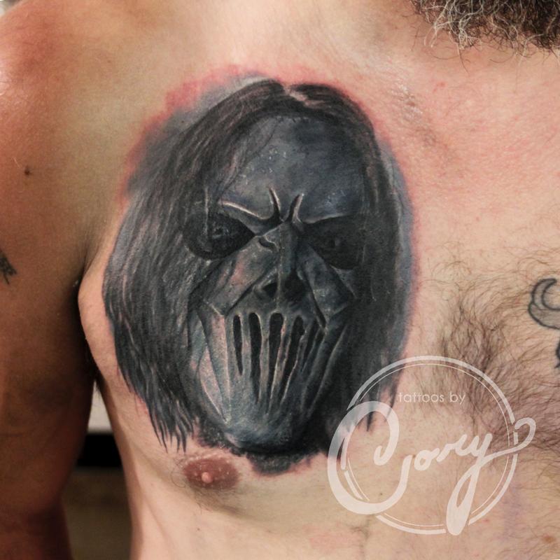 Superb Slipknot Member Portrait Tattoo On Right Chest