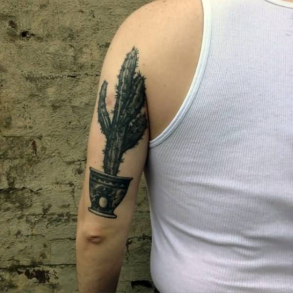 Terrific Black Ink Cactus With Pot Tattoo On Triceps
