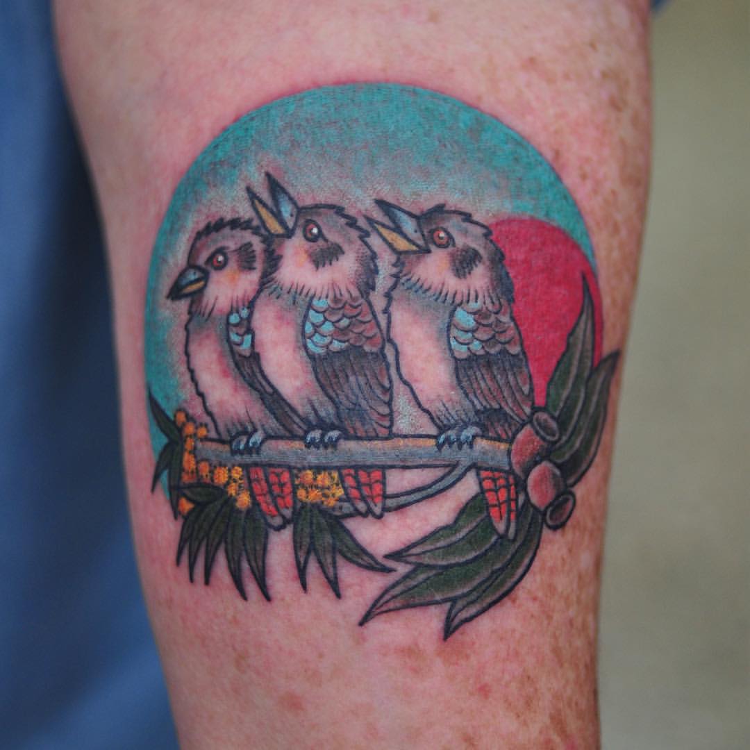 Three Kookaburra Birds On Branch With Red Circle Traditional Tattoo On Half Sleeve