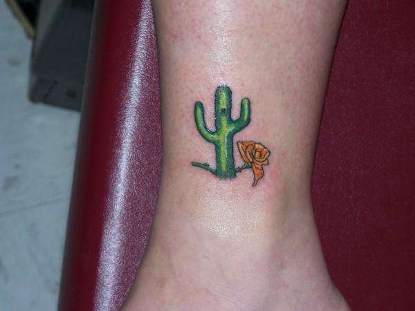 Tiny Cactus With Flower Tattoo On Ankle