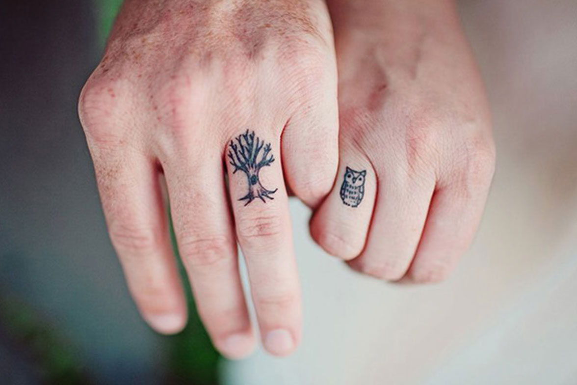Tiny Cute Owl And Tree Matching Tattoos On Fingers