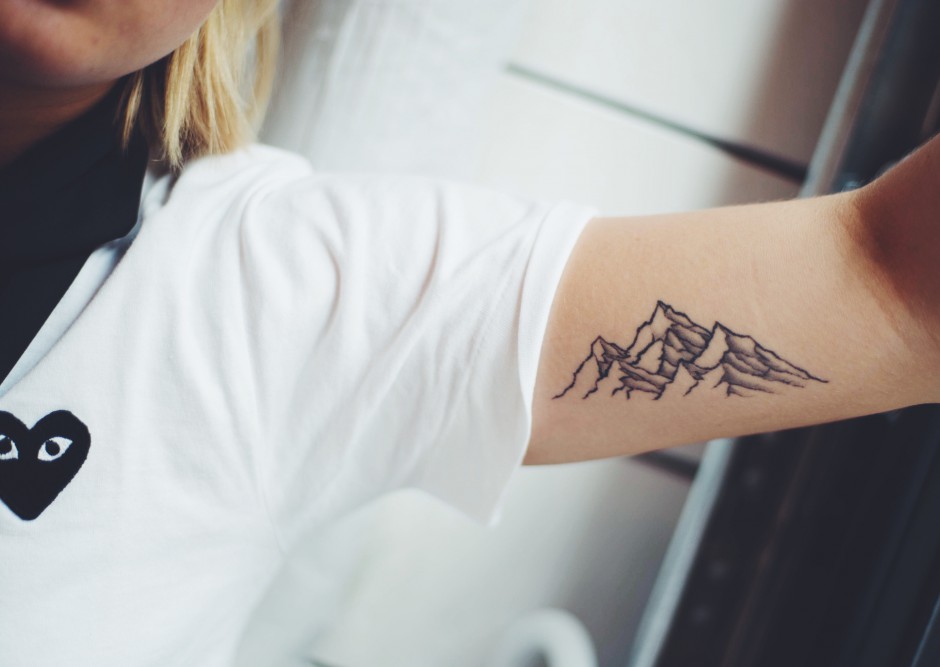 Tiny Mountains Tattoo On Bicep For Girl