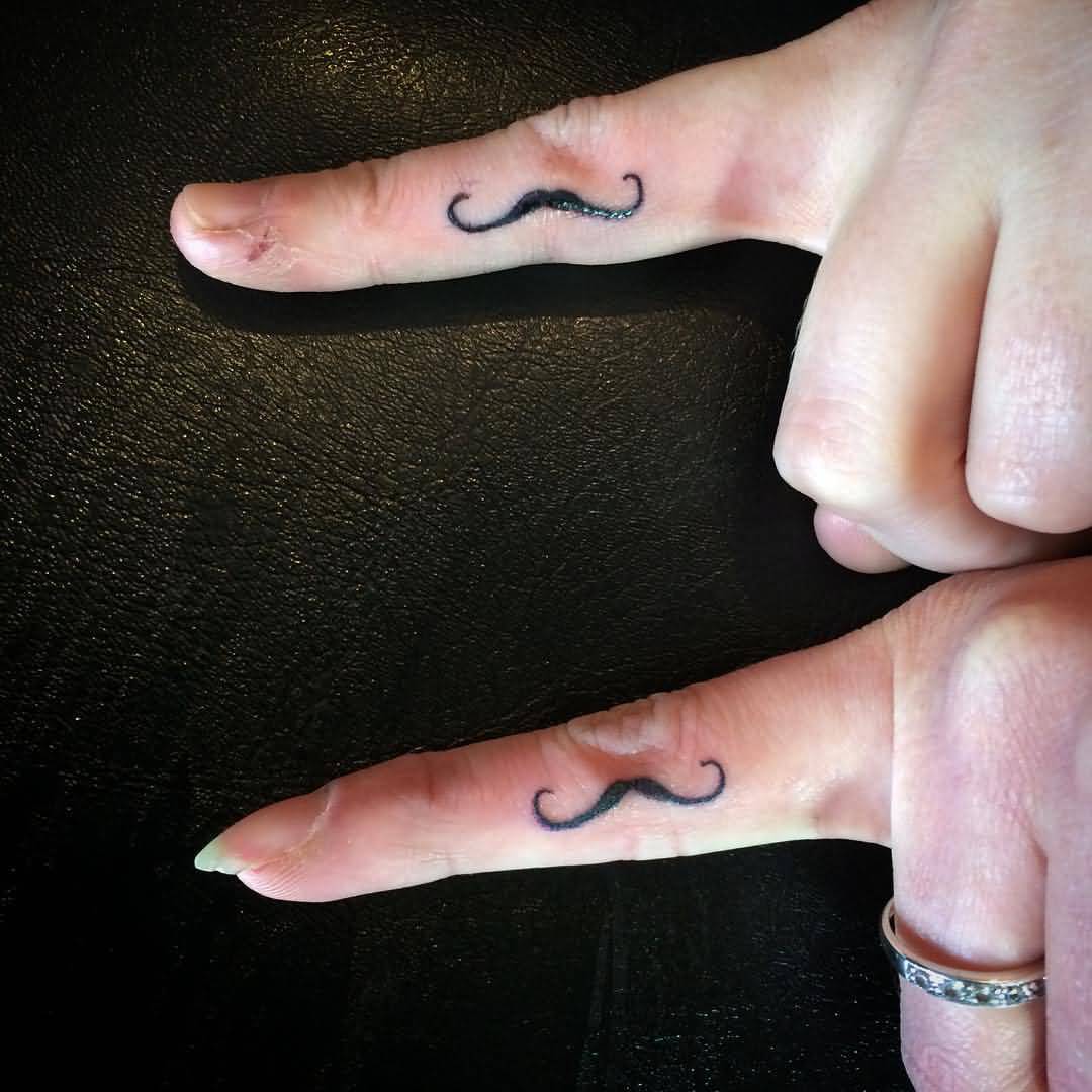 Tiny Mustache Matching Tattoos On Fingers